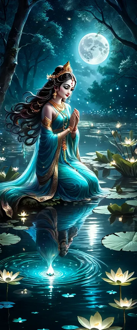 Pond at night:1.5, ((full shot:1.4)), ((beautiful pond at night in absolute darkness:1.5)), ((fireflies flying around illuminating the pond close-up  Radha Krishna, glowing in the light of the moon, catching a firefly:1.5)), ((ultra detailed:1.5)), the lig...