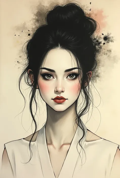 Ink Painting、Old paper texture、Damaged Paper、Old style、Faded colors、composition、Golden Ratio、Functional、grace、detail、The prostitute tries to say something,、Smiling with mouth closed。The eyes hold a deep secret、It exudes elegance and intelligence.。Focus on ...