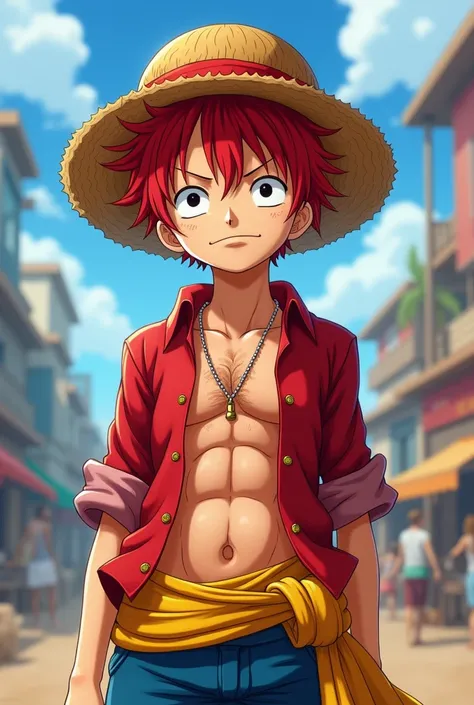 Crea a un luffy con el pelo rojo