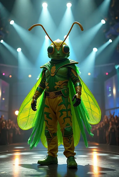 creating an image of a male singer wearing a "grasshopper" mascot performing on The Masked Singer stage