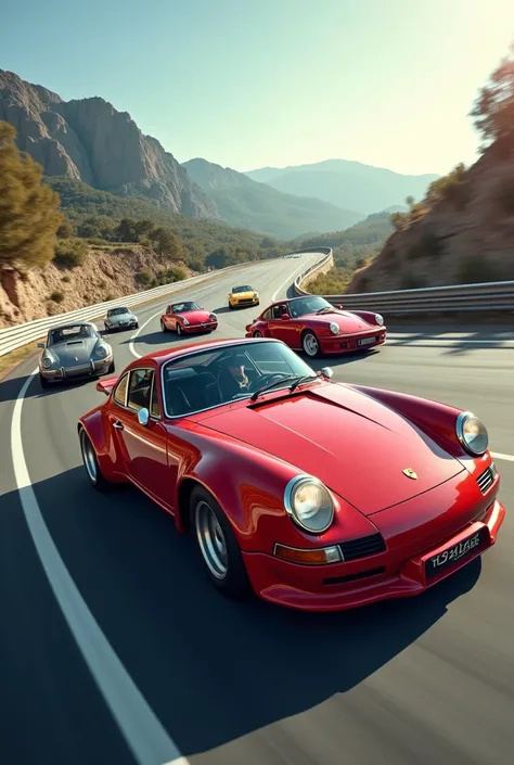 A dynamic image of various Porsche cars through the years, from the 356 to modern models like the Porsche 911, zooming down a racetrack with emphasis on speed, performance, and innovation.