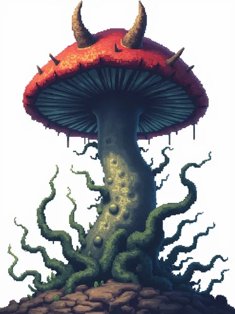 a huge devilish mushroom creature in attack pose, pixelated 2D RPG game style, centered on a white background, extremely detailed eyes and mouth on the mushroom stem, intricate pixelated textures, dark colors, dramatic lighting, horror fantasy atmosphere, ...