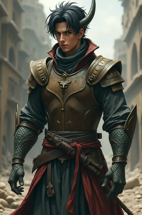 slightly dark toned man with scales over his arms and one horn on the side of his head, poor persian armor and black anime hair kept short, semi realistic anime style