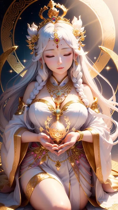 Statue of a person wearing a gorgeous crown　Posture is diagonally sideways　Lazy pose　The face is facing forward　Eyes closed　Hands are hearts　win, goddess of love and peace, extremely detailed goddess shot, 3 d goddess portrait, White and pink zen style, go...