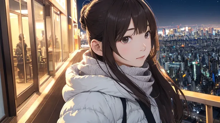 Shiraishi Mei, Looks exactly like Shiraishi Mei,A woman looking up at the sky ,  Dark brown hair, , Bun Hair。One person travel、20th Generation、Right beside･profile、As if looking up、To see into the distance、Tokyo、Night view、Tokyoタワー、Skyscraper district、phot...