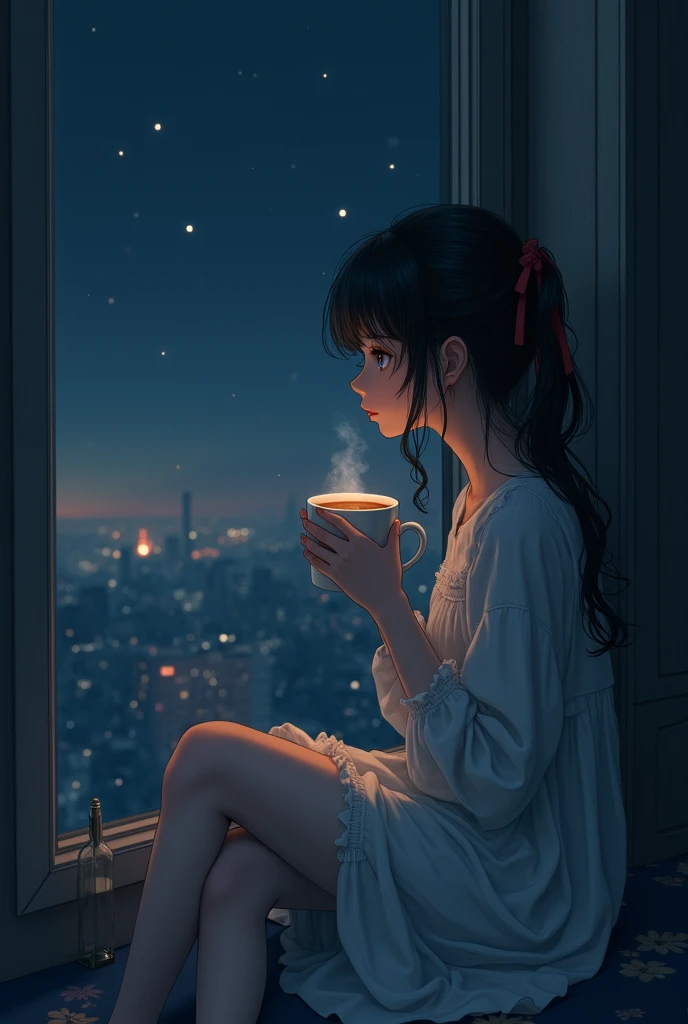 a girl, alone, sit close of window, looking to starts in sky, drinking coffee, cold color palette, breast, digital anime illustration, inspired by WLOP, Art Station Top, super detailed fantasy characters, 3D Anime Style, high quality render