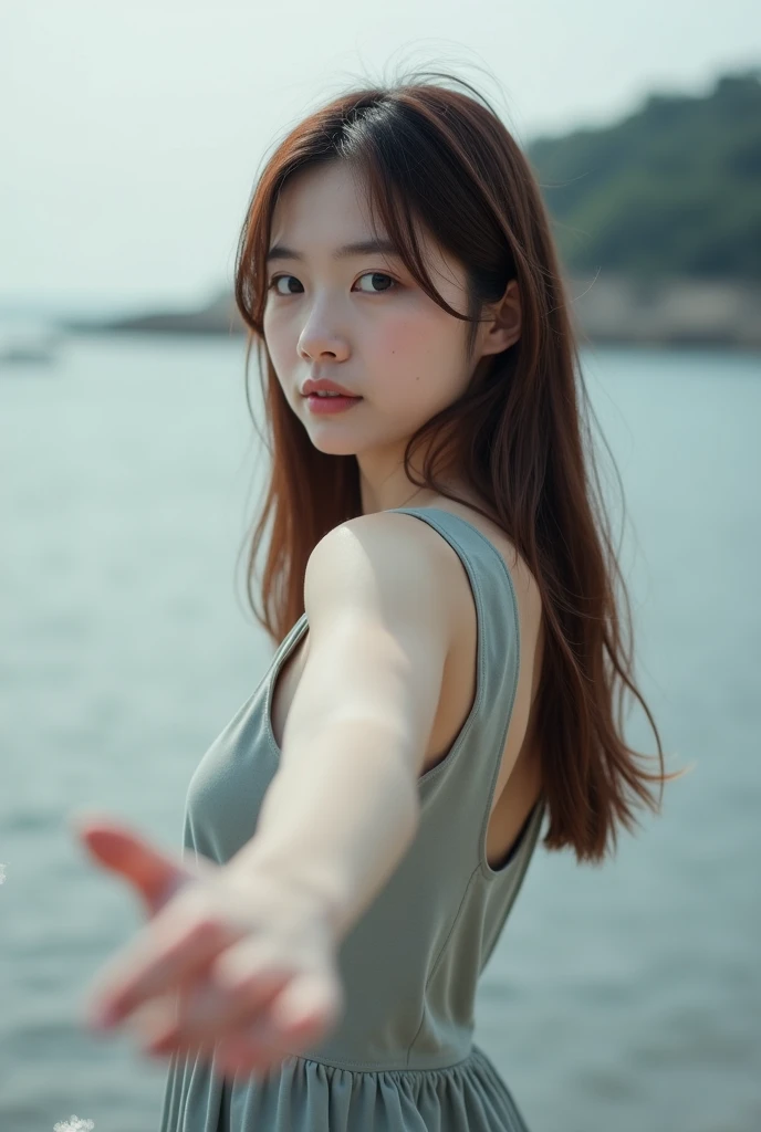 (photorealism:1.2), Japanese very healthy woman, she is facing the other way, stretch your right arm to the viewer, full body shot, age 25, she is not skinny, monotone background, some distance from viewer, some spots on the face, not putting on make-up, l...