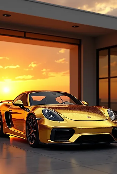 gold plated modern porsche, parked infront of a luxury garage, sunset lighting