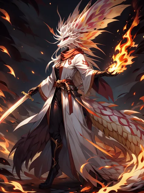 (female)(model mizutsune) Furry, black fox, fur, fluffy fur,red Horns,white sclera, red light eyes, white hair, long teil hair, fox girl black body, light red Flame pattern,long white coat,long Flame scarf, , Flame stockings, holding a Great Sword,phoenix ...