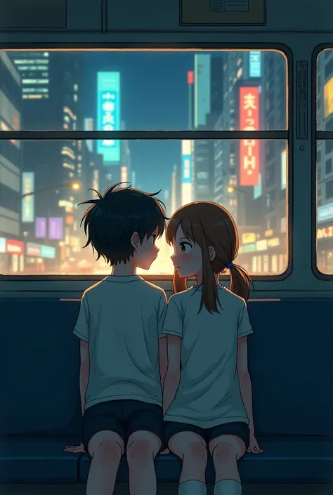 anime boy and girl sitting on a bus looking out the window at the city, an anime drawing by Yuumei, trending on cg society, digital art, lofi hip hop, lofi girl, lofi artstyle, lofi art, lofi feel, chillhop, lofi vibes, lofi aesthetic, lofi, lofi girl and ...