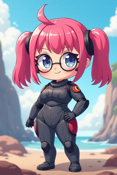 Busty wide hips pink haired mecha pilot girl with pigtails wearing glasses chibi anime style 