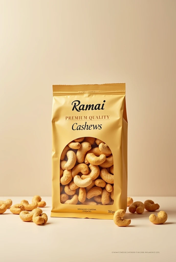 Cashews packet, with company name Ramai and slogan is premium cashews  