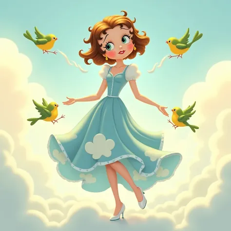 Betty boop, Wearing a long-sleeved straight skirt with blue sky and white clouds print，flowing skirt，Wearing white shoes，betty boop standing on the blue and white clouds，Hair is golden brown，Four small green and yellow birds bit her sleeves on both sides a...