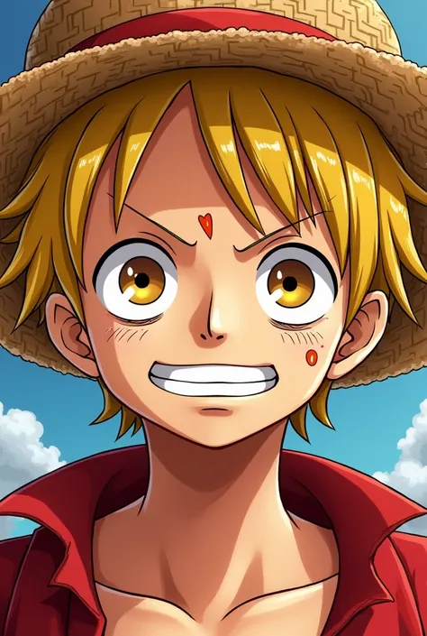 Create an image of blonde luffy without a hat with brown eyes 