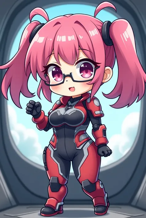 Busty wide hips pink haired mecha pilot girl two piece uniform with pigtails wearing glasses chibi anime style 