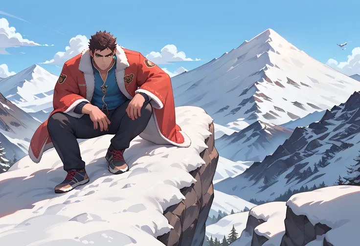 two are climbing a snowy mountain. one is a muscular male young tiger with hairy body, serious expression, wearing a boa jacket....