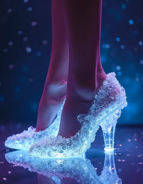 Fantasy high heels crafted from shimmering ice or crystal, glowing with an ethereal light. The shoes appear otherworldly, with sharp, delicate details resembling frozen formations or translucent crystal shards. The heels reflect a galaxy-themed color palet...