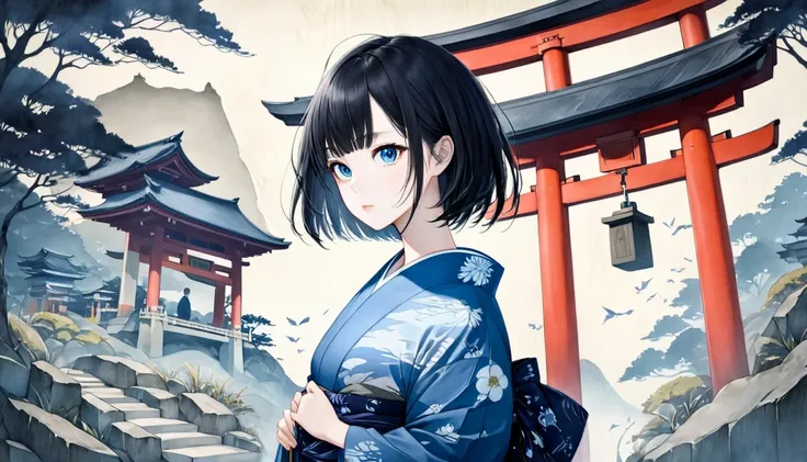  Pencil drawing,  Ink Painting, woodblock print, A fusion of watercolor and oil painting, A fusion of paper cutting and shadow art, Cool Beauty, A girl with short black hair and large, expressive eyes、Shrine torii gate。The girl is wearing a blue yukata, wh...