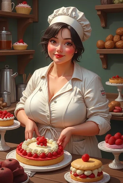 White plump attractive woman 50 years old, big beautiful breasts. confectioner. cute and cuddly. Lots of sweets and a big cake. chef&#39;s куртка и белый chef&#39;hat on his head. Dark short hair. beautiful eyes.Abstract expressionism, 