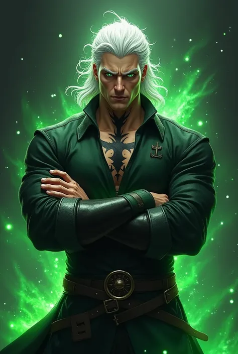 make me a male character,2,white hair,green eyes,black marks on the neck,confident expression/motivated,Strong physical size,black and green adventurer outfit,arms crossed pose,black background,green crystallized aura,RPG style 