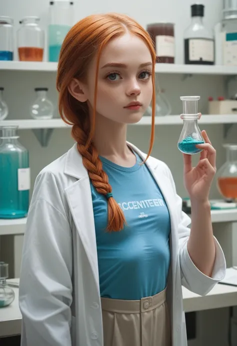 dutch ginger female scientist in a lab long braided hair, wearing a labcoat and a blue t-shirt, looking at a vial, small breasts...