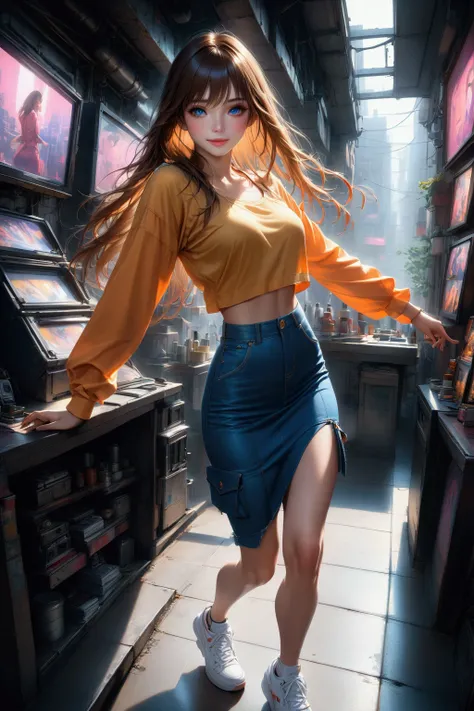 pretty woman dancing with smiling, she has long brown straight hair (red streaked hair), wearing white long sleeves blouse, orange crop top stacked over, bright-blue denim cargo pencil skirt, white sneakers, (best quality,4k,8k,highres,masterpiece:1.2),ult...