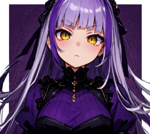 ((best quality)), ((masterpiece)), (detailed), 1girl, yellow eyes, purple dress, long hair, light purple hair with purple highlights