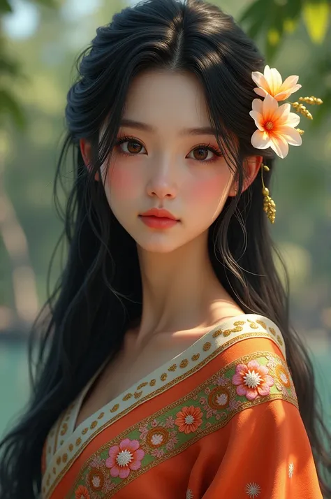 A girl wearing a Thailand dress wrap and her hair is black and has a flower on her hair 