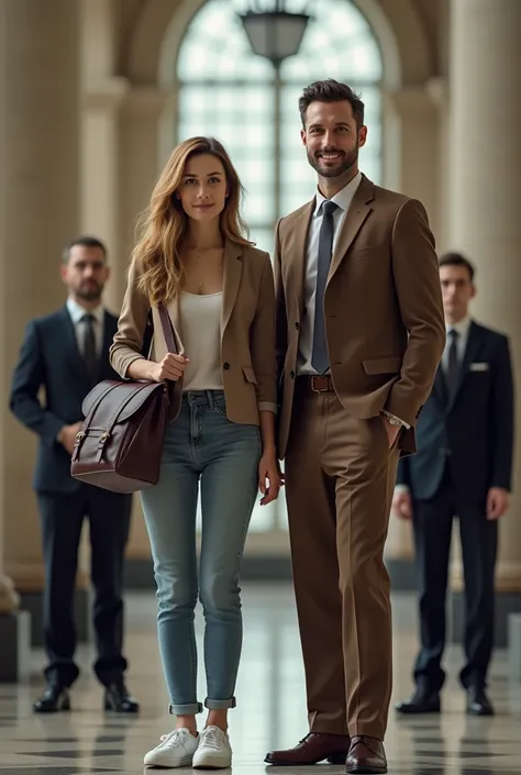 College girl wearing college bag with her husband in brown suit, with two guards 