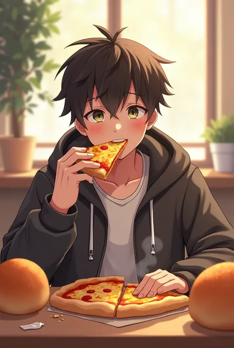 Anime, Man 1,Wear a cool hoodie  ,eat pizza , With round buns, Chill atmosphere