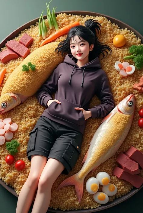 
A real scene where there is a beautiful Korean woman,smooth white skin,Korean style hair bun with bangs , wearing a dark purple hoodie, cargo pants, black knee length shorts with lots of pockets,pose lying on side smiling,eyes looking at the camera  ,is i...