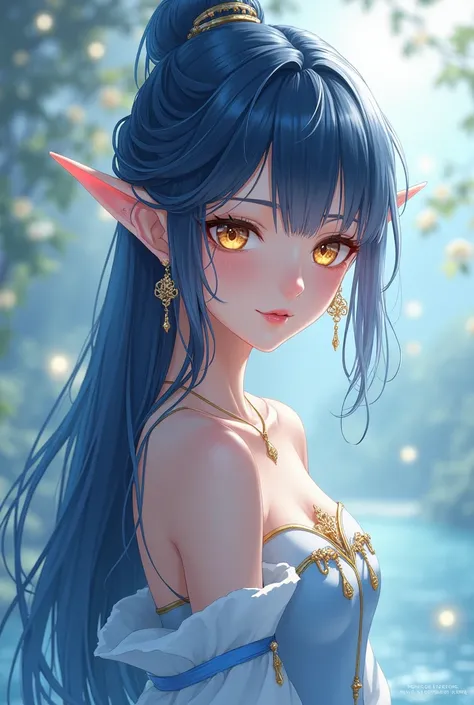 (2-d)(anime)(Masterpiece)(beautiful)25 yo beautiful anime  elf girl with dark blue hair and golden eyes in blue-white dress with golden earrings 