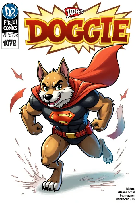 Create for me comic book cover superhero dog white background comic book front page wrote (doggie ) price tag date of .Ahwee sign at below