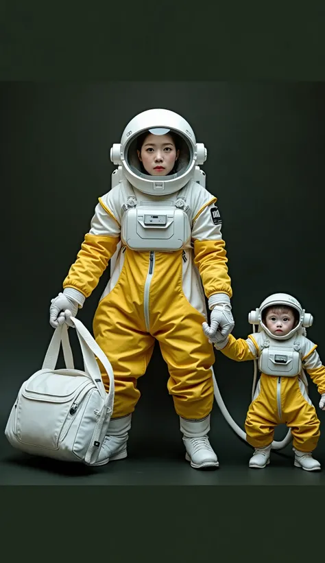 live-action、Real、A beautiful Japanese woman in a white and yellow space suit and a Japanese monkey in a white and yellow space suit are standing holding hands、White background