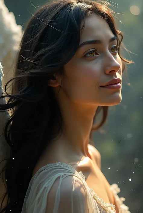 An angel in the universe,Long Hair, smile, One girl, Long Hair, Black Hair, Golden Eyes, Background blur, Rear view, Sparkle Effect, 