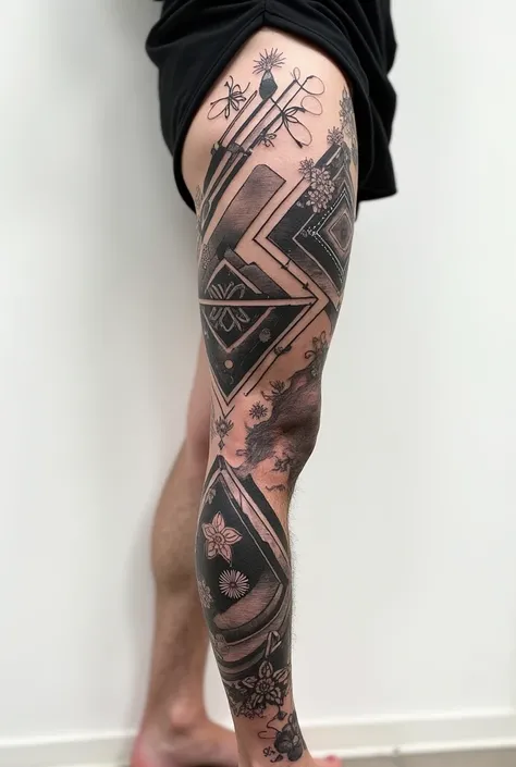 You can create a geometric Japanese-style blackwork tattoo that covers from the calf to the thigh.