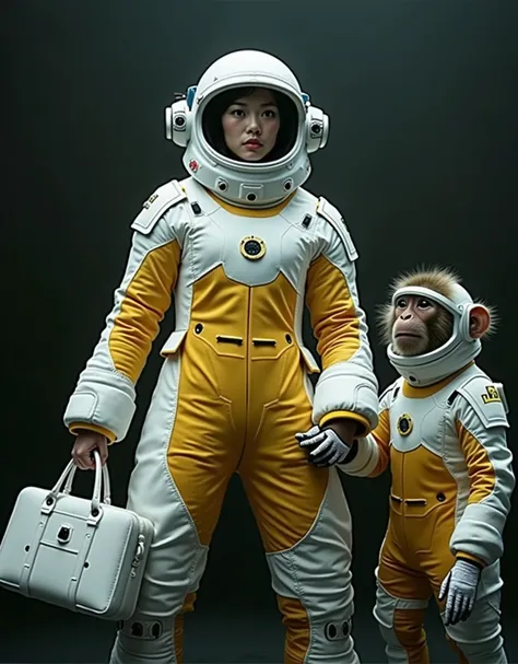 live-action、Real、A beautiful Japanese woman in a white and yellow space suit and a Japanese monkey in a white and yellow space suit are standing holding hands、White background