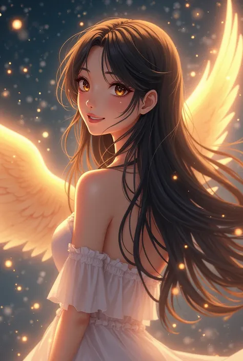 An angel in the universe,Long Hair, smile, One girl, Long Hair, Black Hair, Golden Eyes, Background blur, Rear view, Sparkle Effect, Illustration, Anime Style, 