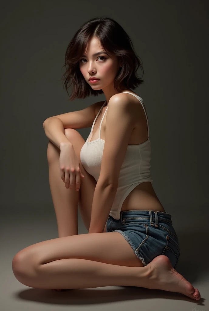 an 1 women in jeans shorts sitting on floor raised her thigh realistic looking at camera 