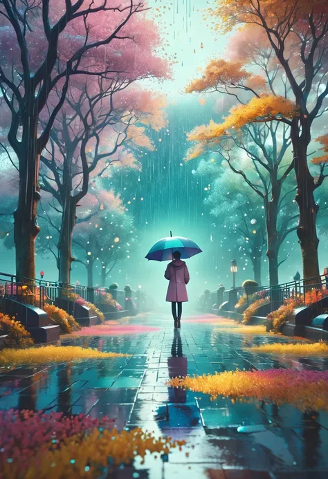 (absurdres:1.2), exquisitely detailed aesthetic rainy day in autmn, pastel tetradic colors, glimmer, bokeh, watercolor, trending...