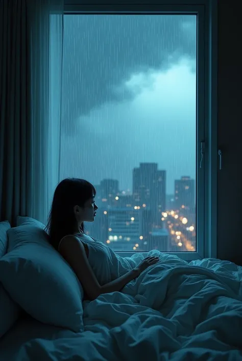 I m in a florr 30 in a built-in 
It is night i m in bed
Its heavily raining and i m watching rain
I m a girl
It is heavily raining and storming 
Window is big
I m watching rain