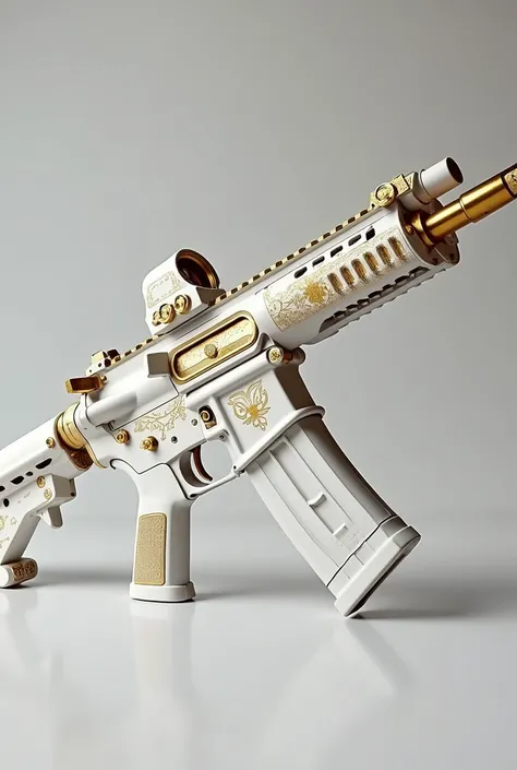 A skin of an AR-15 M4 rifle in which the white color predominates, but containing designs in gold color 
