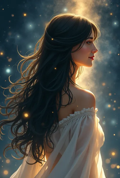 An angel in the universe,Long Hair, smile, One girl, Long Hair, Black Hair, Golden Eyes, Background blur, Rear view, Sparkle Effect, Illustration, The whole body is visible。