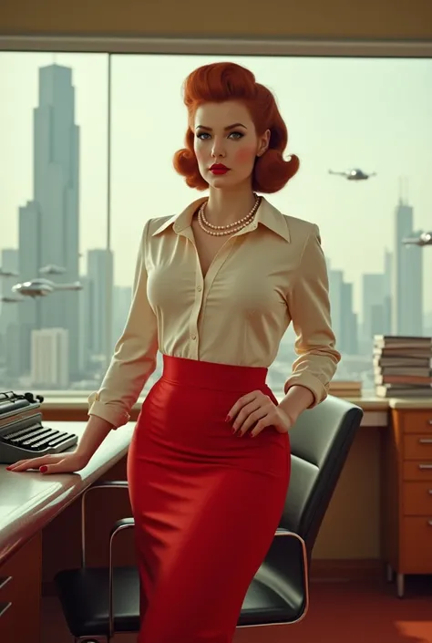 Retrofuturistic 1950s really busty redhead secretary pencil skirt