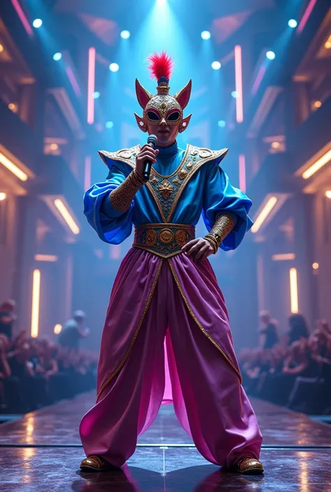 creating an image of a male singer wearing a "Genie" mascot performing on The Masked Singer stage