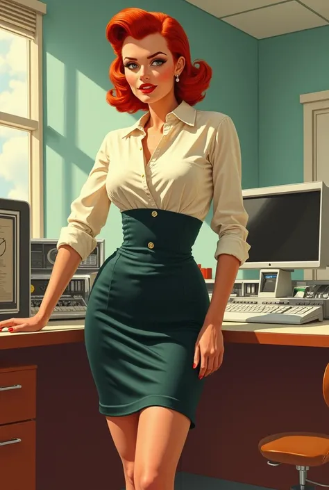 Retrofuturistic 1950s really busty redhead secretary pencil skirt illustration 