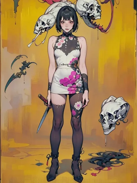 (masterpiece), (high resolution), (full body portrait), （cyberpunk）、white bowl cut、sleeveless white dress with skull pattern、 da...