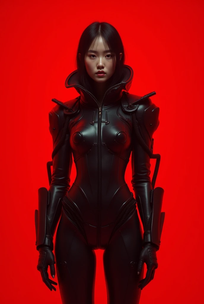 A 20 year old woman,across the width,Dark theme, relaxing tones, dull colors, high contrast, (Natural skin texture, Hyperrealism, soft light, sharp),Red background,simple background, From a distance, futuristic suit, cyberpunk, white skin, asian eyes, myst...