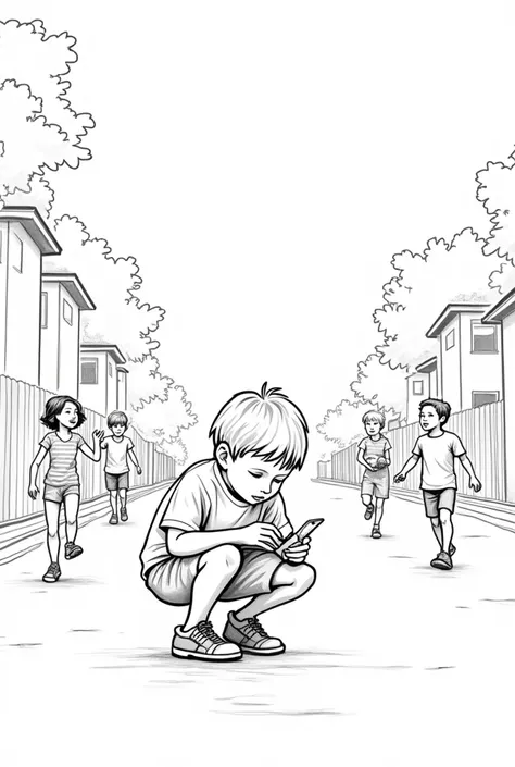 Line art painting of a child addicted to his cell phone while others play and play ball in the street.