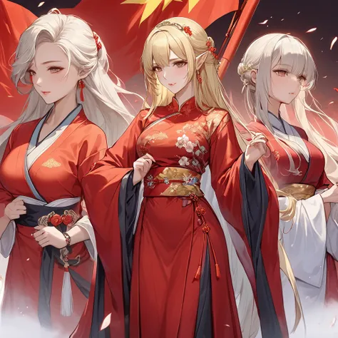 ((Best Quality)), ((masterpiece)), (detailed), （Perfect Face）、The woman is Seras Ashlain, a high elf with medium-long blonde hair, dressed in a gorgeous and dazzling Communist Party of China Hanfu, adorned with luxurious jewelry and an engagement ring.、A w...